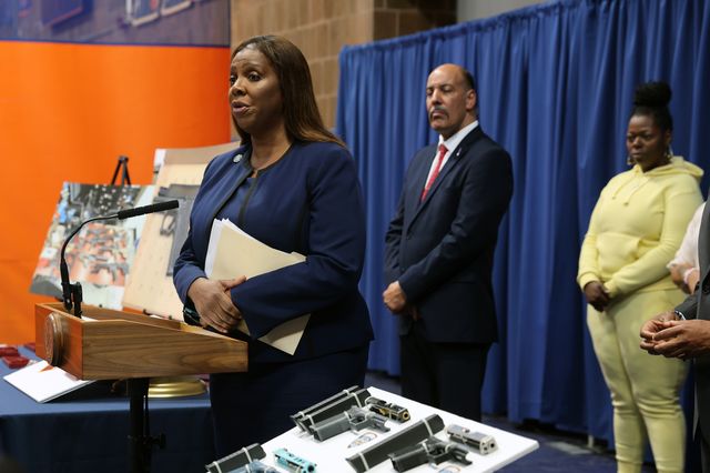 A photo of New York Attorney General Letitia James joining  New York City Mayor Eric Adams during a news conference to announce a new lawsuit against "ghost gun" distributors